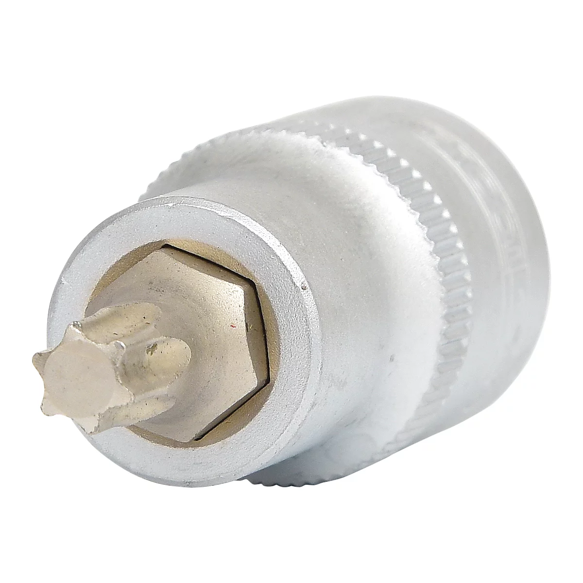 Nahaufnahme eines metallenen Torx-Bit-Einsatzes. Silberfarbenes Werkzeug mit Sternform und Sechskant-Basis.